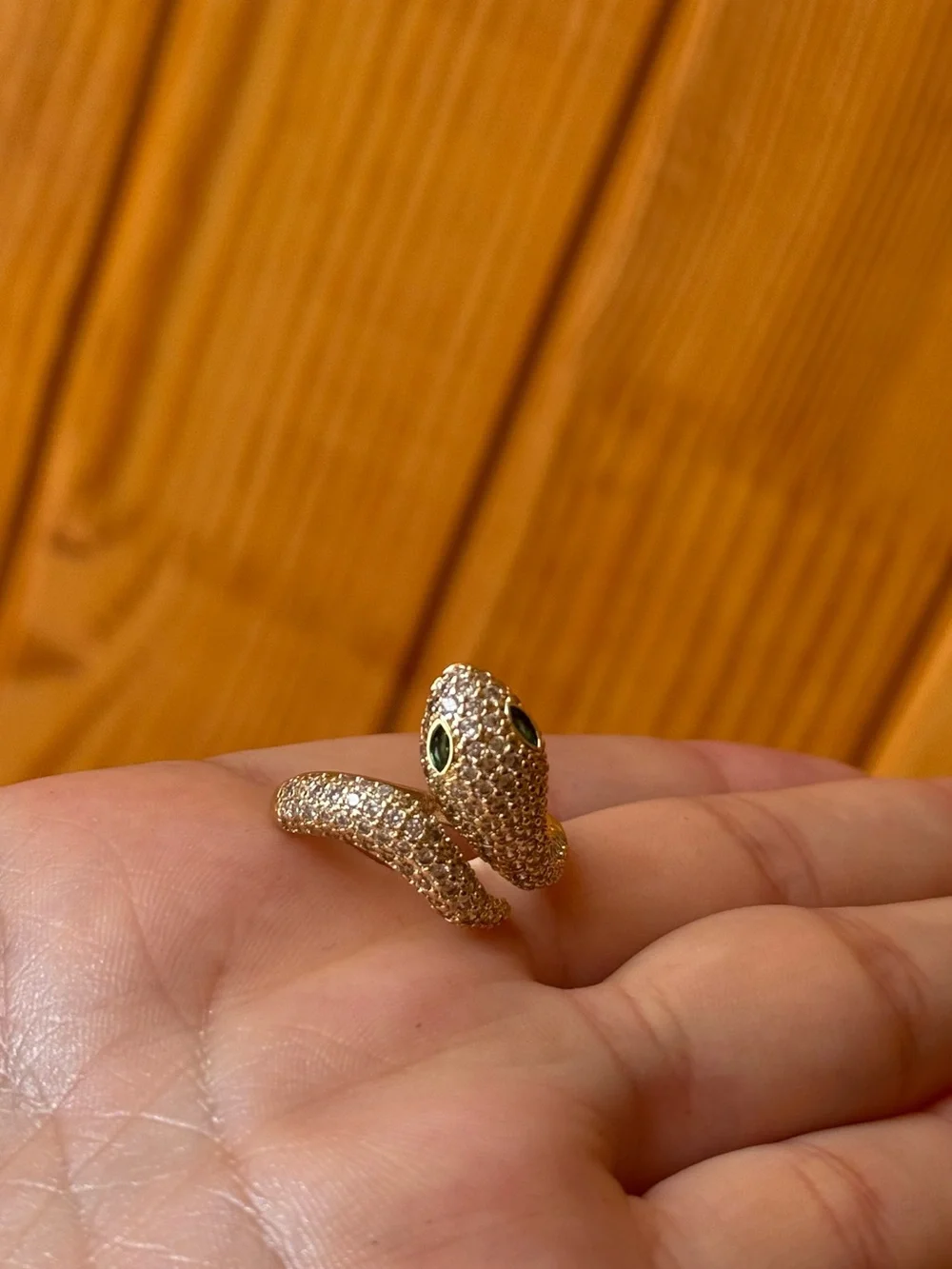 Gold Serpent Pave Ring with Green Eyes